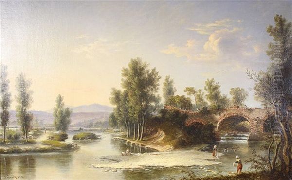 Lavandiere En Bord De Riviere Et Vue De Port Dans La Baie by Eugene Guedy