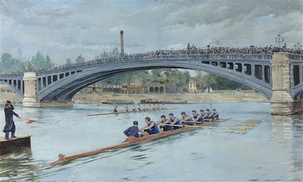 Match Annuel A L'aviron Entre Le Rowing-club De Paris Et La Societe Nautique De La Marne En 1882 Oil Painting by Ferdinand Joseph Gueldry