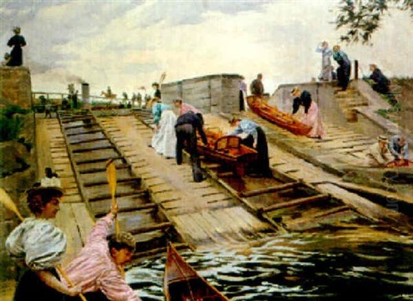 An Afternoon's Pastime On East Molesey Lock Oil Painting by Ferdinand Joseph Gueldry