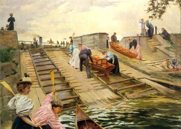 An Afternoon's Pastime On East Molesey Lock Oil Painting by Ferdinand Joseph Gueldry