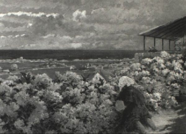 Hortensias A Ploumanac'h, Avec A L'arriere Plan Le Port Vu De La Clarte Oil Painting by Ferdinand Joseph Gueldry