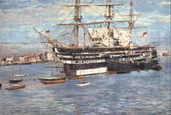 The Saint Vincent In Portsmouth Harbour Oil Painting by Ferdinand Joseph Gueldry