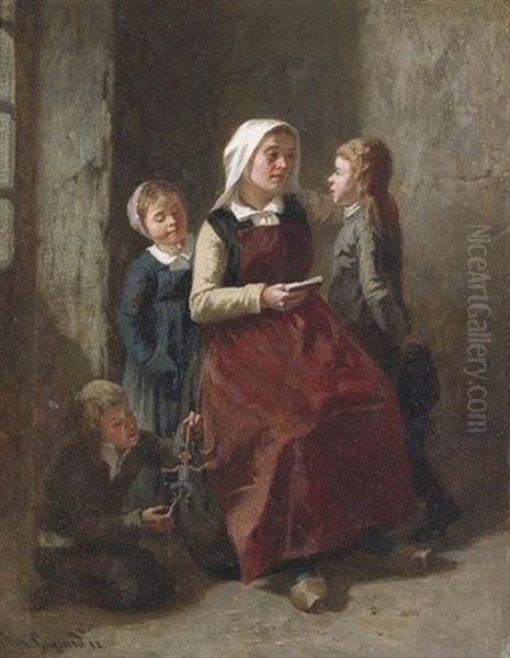 Familienidylle Mit Spielenden Kindern Und Lesender Mutter Oil Painting by Amedee Guerard