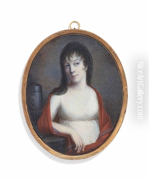 A Young Lady, In White Dress, Red Cashmere Shawl Draped Around Her Shoulders, Falling Black Lace Veil Over Her Dark Curling Hair, Her Right Arm Leaning On A Ledge With An Urn With The Initial S Oil Painting by Bernhard von Guerard