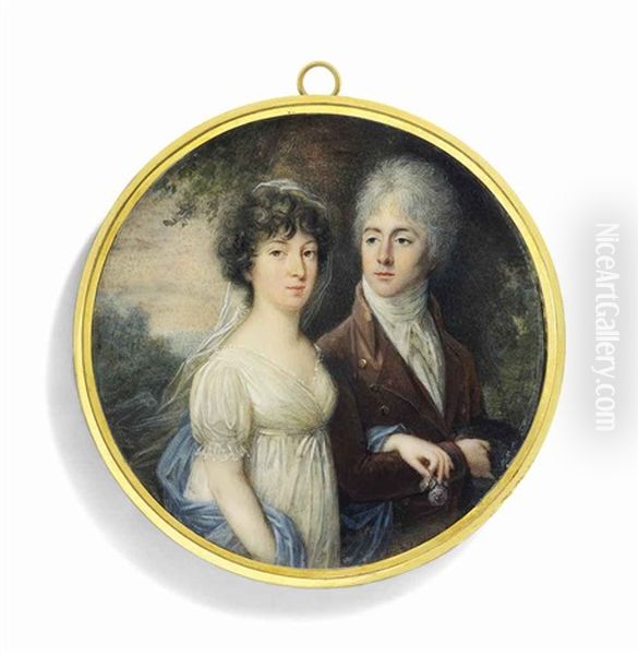 A Marriage Portrait Of Count Nicolas Of Esterhazy De Galantha (1775-1856) And His Wife Marie Francoise, Nee De Baudry, Marquise De Roisin (1776-1845); He, In Brown Coat, White Waistcoat And Cravat Oil Painting by Bernhard von Guerard