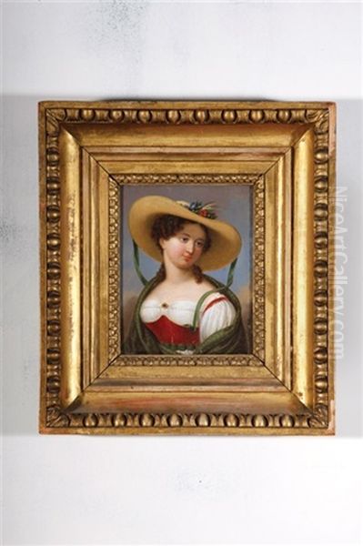 Portrait Of A Young Woman In Peasant Costume Wearing A White Blouse, Red Bonnet And A Straw Hat Decorated With Sealed Flowers Oil Painting by Bernhard von Guerard