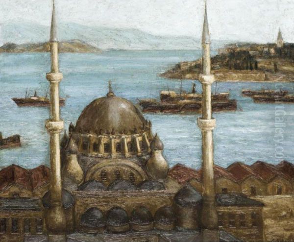 A Turkish Mosque Oil Painting by Aram Bakalian