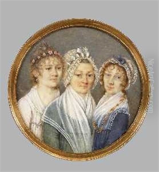 Une Mere En Robe Verte Et Fichu, Entouree De Ses Deux Filles Oil Painting by Bernhard von Guerard