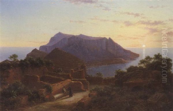 View From The Ruins Of The Villa Di Tiberio Looking Across To Punto Di Campanella And Mount Salaro Oil Painting by Eugen von Guerard