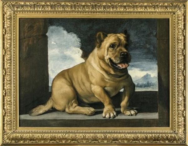 Portrait Of An Italian Cane Corso Seated Within A Stone Window Opening, A Mountainous Landscape Beyond Oil Painting by  Guercino