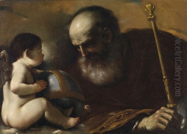 Gottvater Mit Einem Geflugelten Engel, Die Weltkugel Haltend Oil Painting by  Guercino