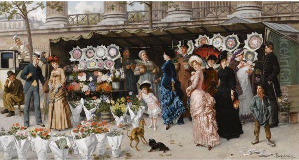 A Flower Market At La Madeleine, Paris Oil Painting by Ladislaus Bakalowicz