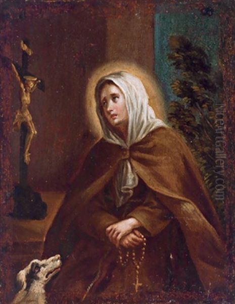 Die Heilige Margarita Von Cortona Mit Ihrem Attribut, Einem Hund, Vor Dem Kruzifix Oil Painting by  Guercino