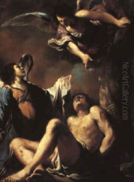 St. Sebastian With Angels Oil Painting by  Guercino