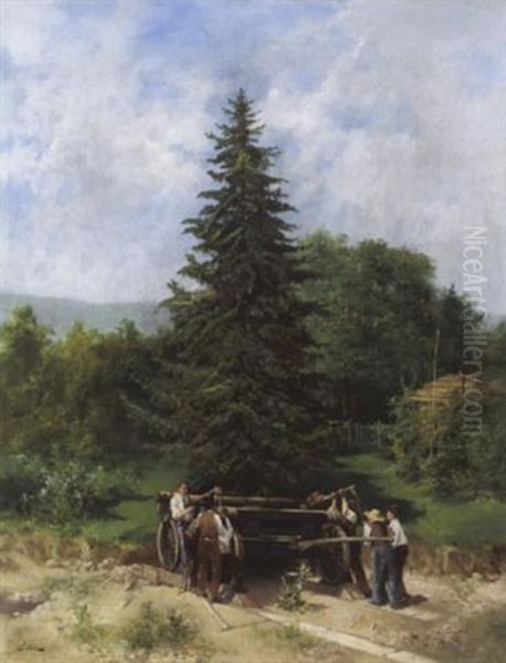 Holzarbeiter Auf Waldweg Oil Painting by Charles Francois Prosper Guerin