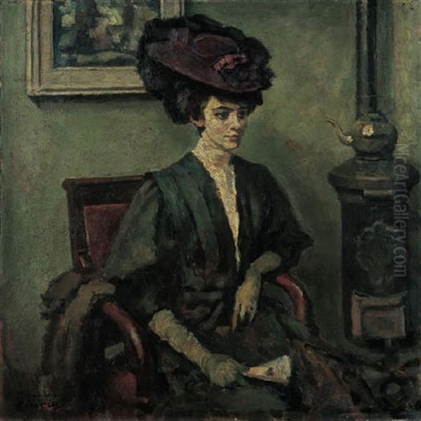 Portrait Of A Lady Wearing A Green Dress And A Hat Oil Painting by Charles Francois Prosper Guerin