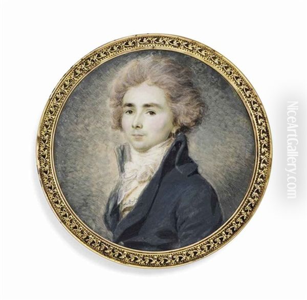 A Young Gentleman, In Blue-green Coat, Embroidered Waistcoat, White Knotted Cravat, Powdered Hair Oil Painting by Christophe Guerin