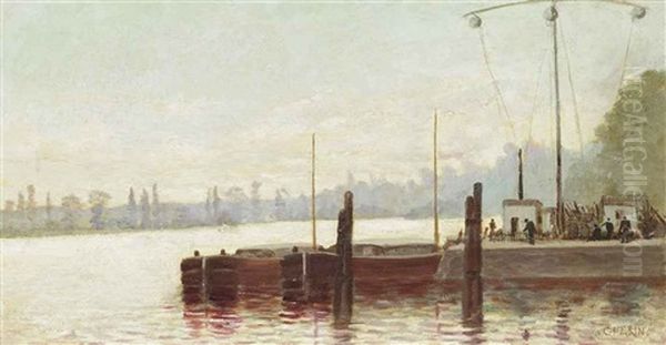 Loading Barges On A French River by Ernest Pierre Guerin