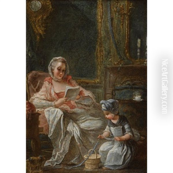 Scenes D'interieur Avec Une Jeune Femme Et Un Enfant (pair) Oil Painting by Francois Guerin