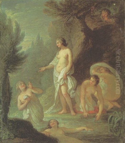 Nymphs Bathing In A Wooded Landscape, A Man Looking On Oil Painting by Francois Guerin