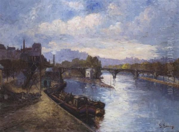 Peniches En Bord De Seine Oil Painting by Gabriel Guerin