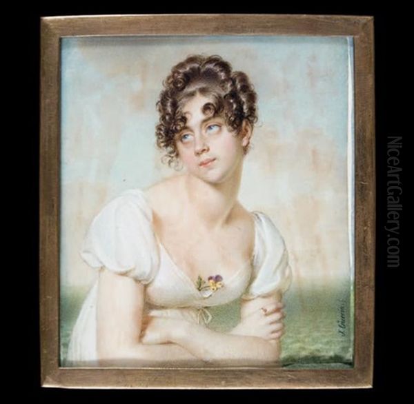 Portrait De Jeune Femme En Buste Les Bras Croises, En Robe Blanche, Au Decolte Une Pensee Oil Painting by Jean Urbain Guerin