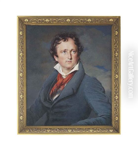 A Young Gentleman, In Blue Coat And Waistcoat, White Shirt, Red Scarf Knotted Around His Neck, Curling Receding Dark Hair; Stormy Sky Background Oil Painting by Jean Urbain Guerin