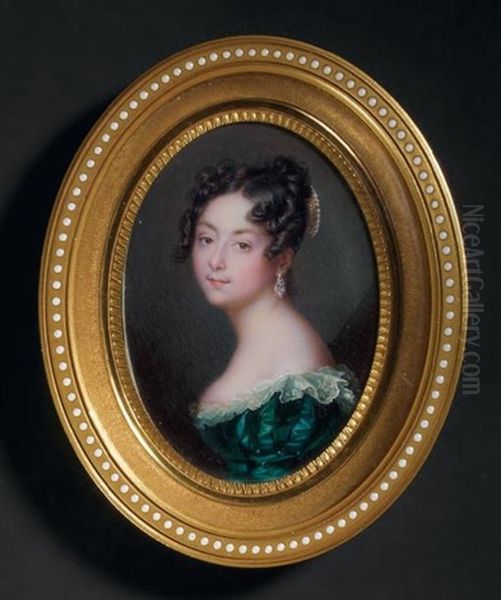 Portrait De Jeune Femme Brune En Buste, Vetue D'une Robe De Satin Vert Largement Decolletee Et Bordee De Dentelle Oil Painting by Jean Urbain Guerin