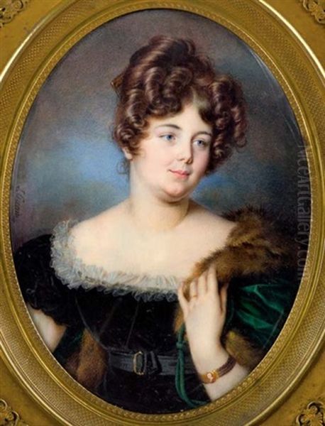 Portrait De Mademoiselle Mars En Robe De Velours Noir Et Cape Verte Brodee De Fourrure, Importante Coiffure Remontee En Meches Oil Painting by Jean Urbain Guerin