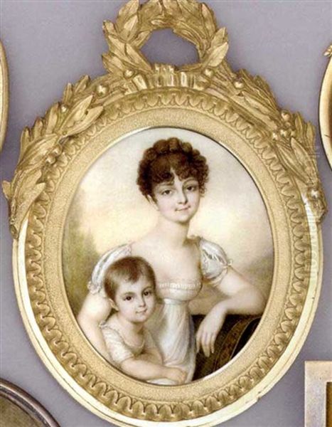 Comtesse Philippe De Segur With Her Right Arm Around Her Son Paul, She, In White Dress With Gauze Border And Pale Blue Sash, Her Dark Brown Hair Upswept And Dressed In Curls Oil Painting by Jean Urbain Guerin