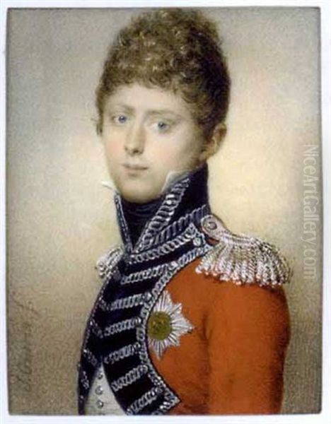 Crown Prince William Of Wurttemberg, In Red Coat With Silver-embroidered Blue Facings, Silver Epaulette, White Waistcoat And Black Cravat, Wearing The Breast-star Of The Royal Wurttemberg Order ... Oil Painting by Jean Urbain Guerin