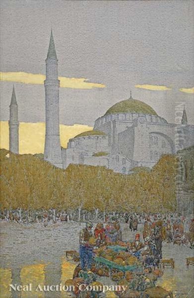 Market Outside The Hagia Sophia Oil Painting by Jules Guerin