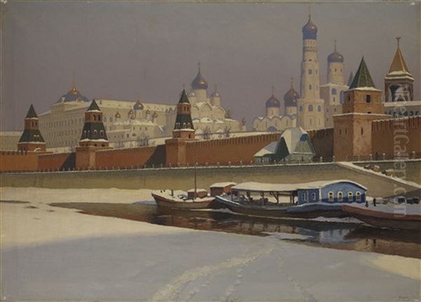 The Moscow Kremlin In Winter Oil Painting by Mikhail Guermacheff