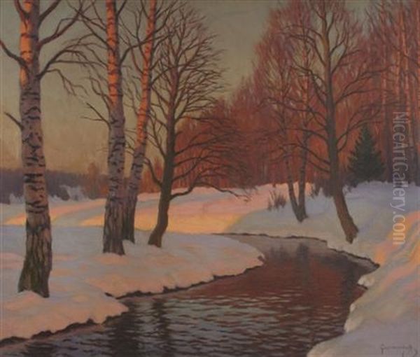 Snow Covered River Landscape Oil Painting by Mikhail Guermacheff