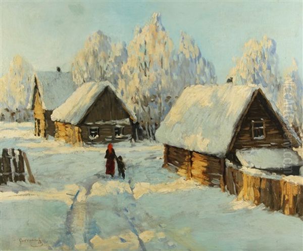 Mere Et Enfant Dans Le Village Enneige Oil Painting by Mikhail Guermacheff