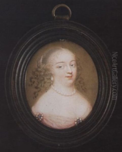 Marguerite Louise D'orleans Wearing Low-cut Pink Dress With Pearl-bordered Jewels At Her Sleeve And Corsage, Pearl Necklace And Drop-pearl Earring, Her Hair Centre-parted And With Ringlets Oil Painting by Louis du Guernier I