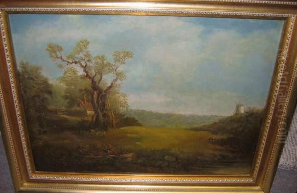 Landscape With Cottage And Distant Windmill Oil Painting by Charles Baker