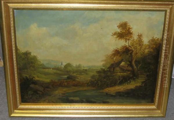 Rolling Landscape With Cottage In Foreground And Distant Steeple Oil Painting by Charles Baker