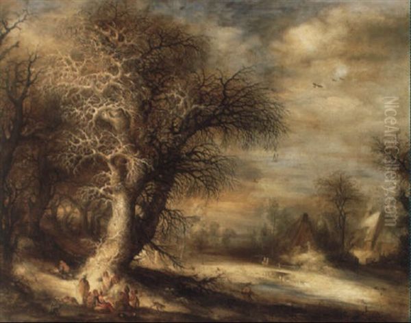 Peasants And Travellers Resting By An Open Fire In A Winter Landscape Oil Painting by Camillo Guerra