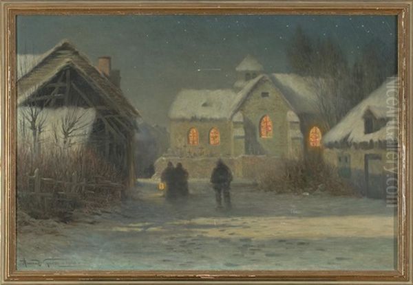 Messe De Minuit, Nuit De Noel A Bertricourt En Champagne (clair De Lune Sur La Neige) Oil Painting by Armand Guery