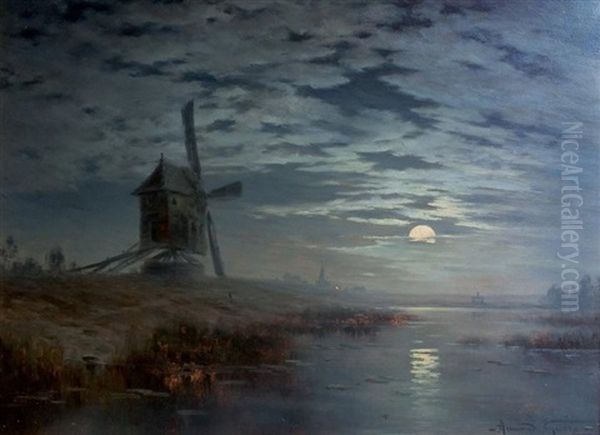 L'etang Au Clair De Lune, Environs De Ste Menehould Oil Painting by Armand Guery