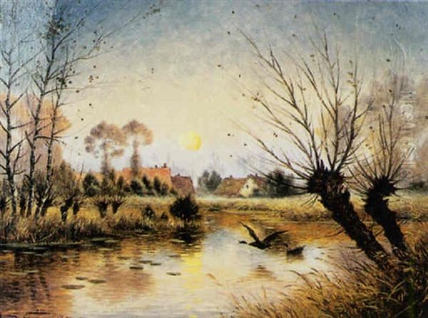 Lever De Lune Et Canards Sur Les Marais De La Suippe Oil Painting by Armand Guery