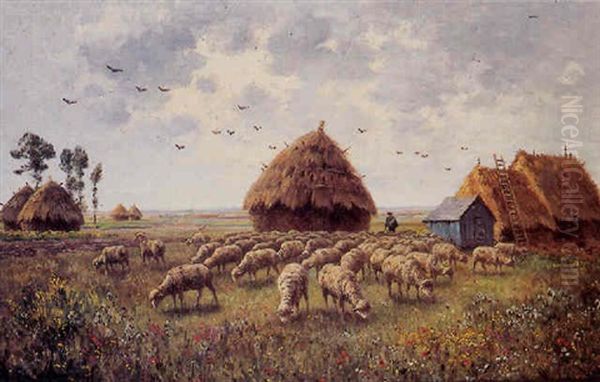 Troupeau De Moutons Et Meules De Foin En Champagne Oil Painting by Armand Guery