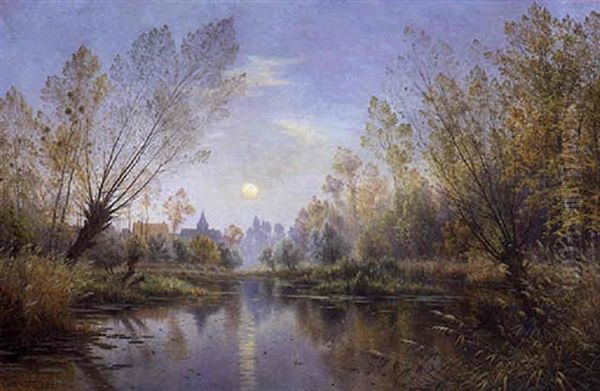 Soir D'automne (champagne) - Lever De Lune Sur La Suippe Oil Painting by Armand Guery