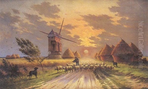 Le Retour Du Berger Au Coucher Du Soleil Oil Painting by Armand Guery