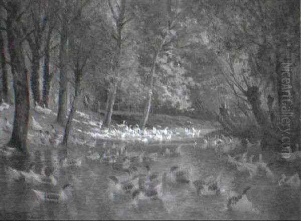 Ducks On A Sunlit Pond Oil Painting by Armand Guery