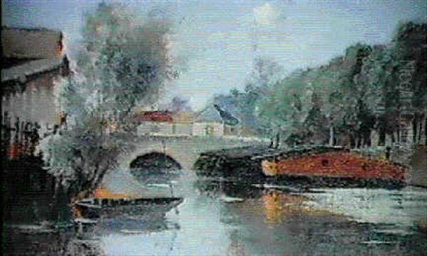 Bateau Lavoir Sur La Vesle Oil Painting by Armand Guery