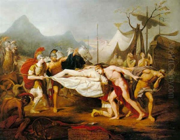 Bearing The Dead Body Of Patroclus To The Camp, Achilles's  Grief 'a Lofty Bier The Breathless Warrior Bears, Ect.'.... Oil Painting by Thomas Douglas Guest