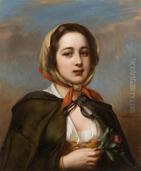 Portrait De Jeune Fille Au Bouquet De Fleurs Oil Painting by Charlemagne-Oscar Guet