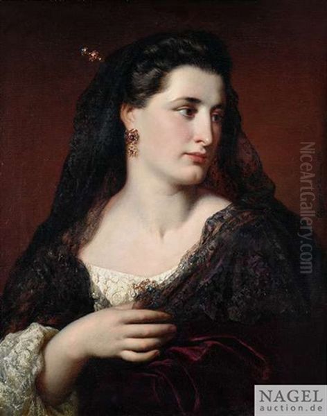 Bildnis Einer Dame In Rotem Samtkleid Mit Spitzenbesatz Und Schwarzem Schleier Oil Painting by Carl Adolf Gugel